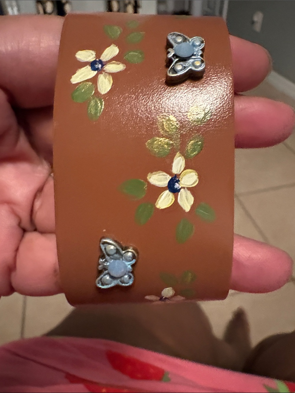 Hand-Painted Brown Floral Genuine Leather Bracelet Size 8.5